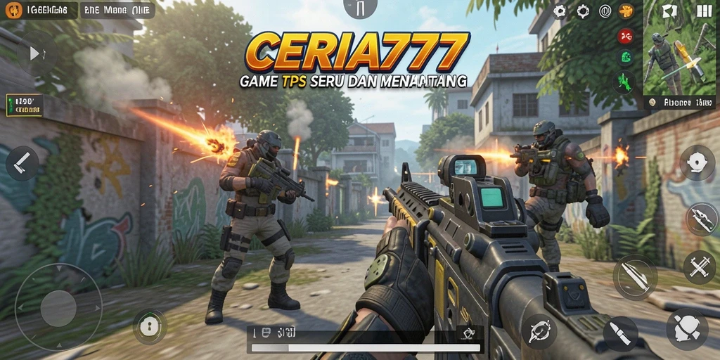 Tampilan gameplay intens dari CERIA777 yang menonjolkan aksi TPS.