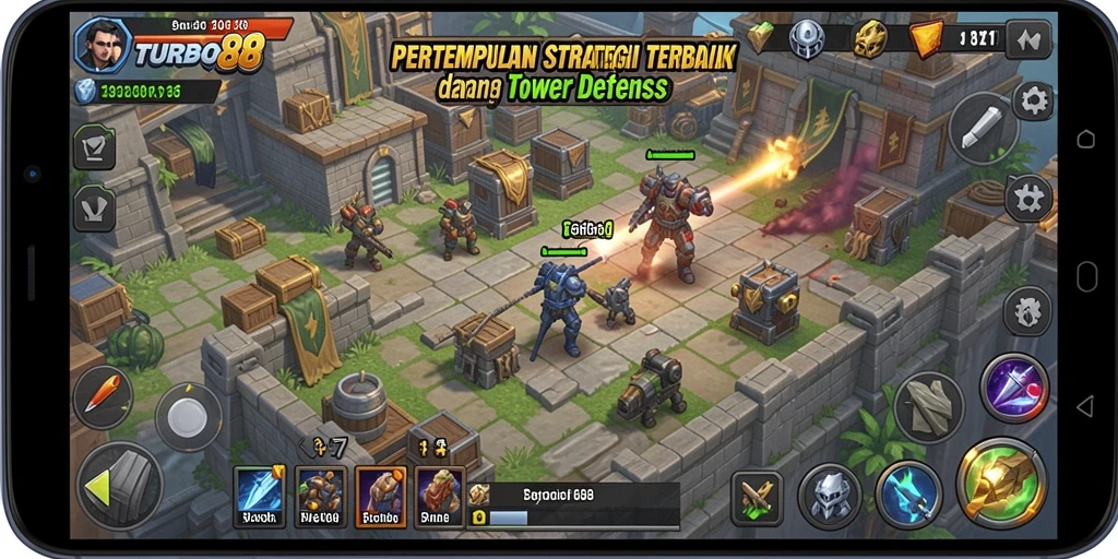 Screenshot gameplay Tower Defense TURBO88 yang menunjukkan menara dalam aksi.